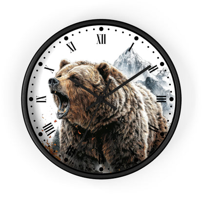 Round wall clock with a black frame and a printed design of a roaring brown bear in front of snowy mountains, with Roman numerals on a white face.