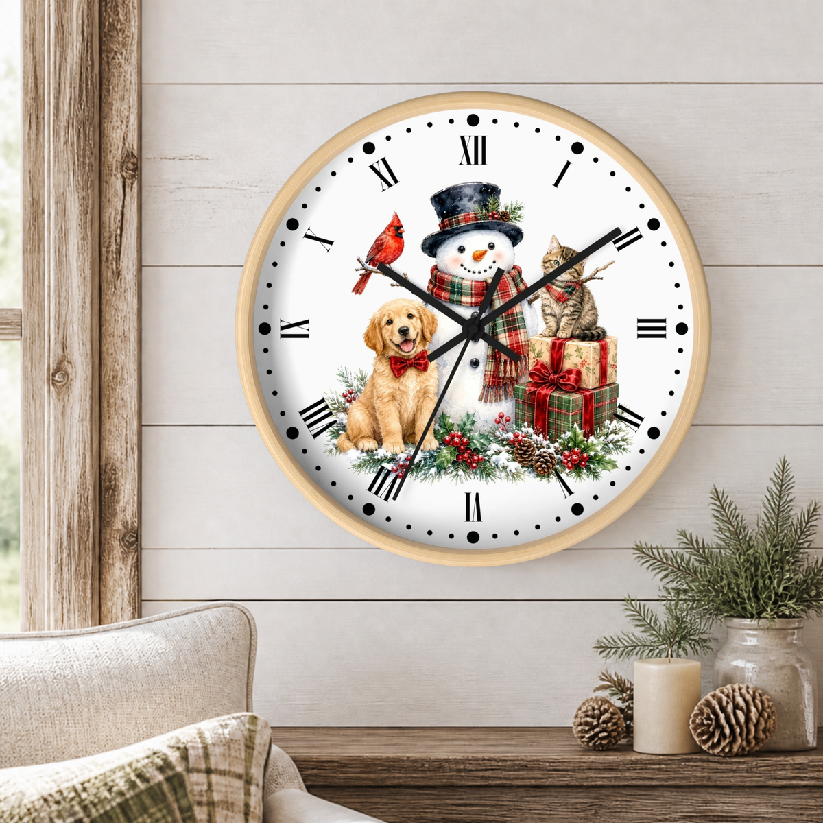 Christmas Snowman Clock — Holiday Dog & Cat Decor