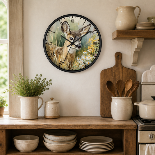 A round wall clock with a black frame hangs on a beige kitchen wall above a wooden shelf. The clock face features a detailed illustration of a deer in a grassy field with wildflowers.