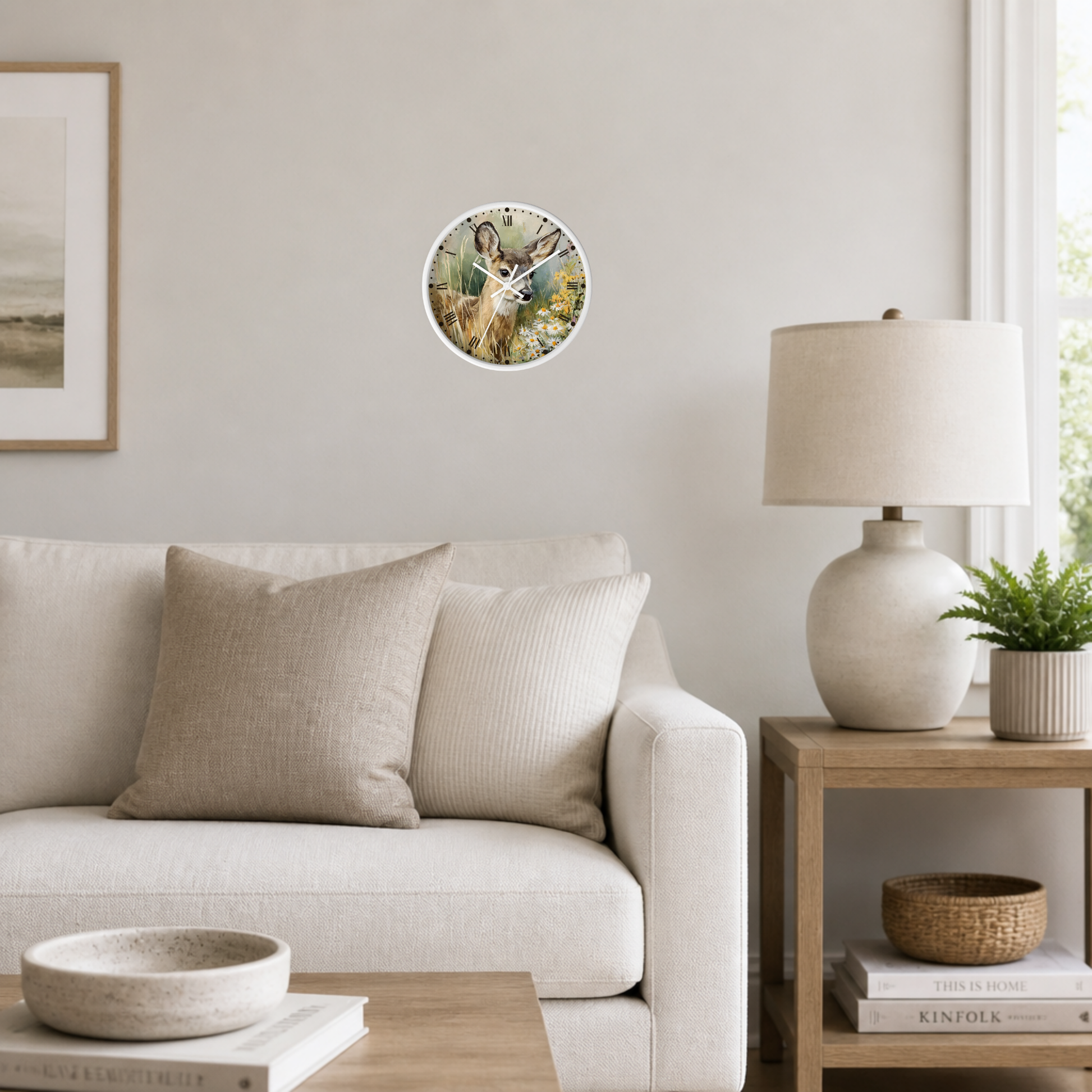 A round wall clock with a colorful floral and deer illustration, mounted on a light beige wall in a modern living room setting with a sofa, side table, and lamp.