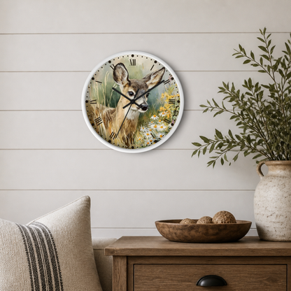A round wall clock with a white frame hangs on a light beige shiplap wall above a wooden side table. The clock face features a painted deer in a grassy field with yellow flowers.