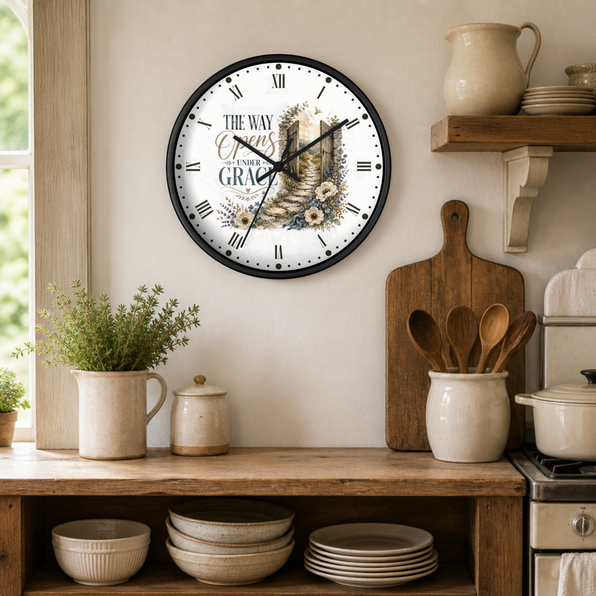 A round wall clock with a black frame and a white face featuring the text 'THE WAY Opens Under GRACE' and a rustic floral illustration, displayed in a warm, rustic kitchen setting.
