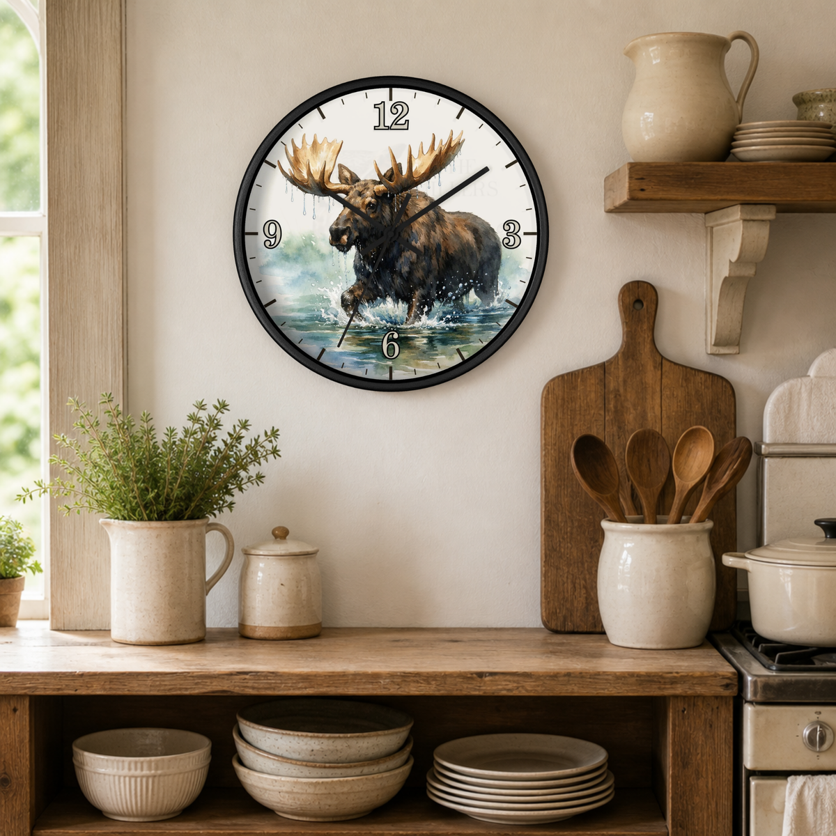 A round wall clock with a black frame hangs on a beige wall in a rustic kitchen setting. The clock face features a detailed illustration of a moose standing in water, with black Arabic numerals and silver hands.