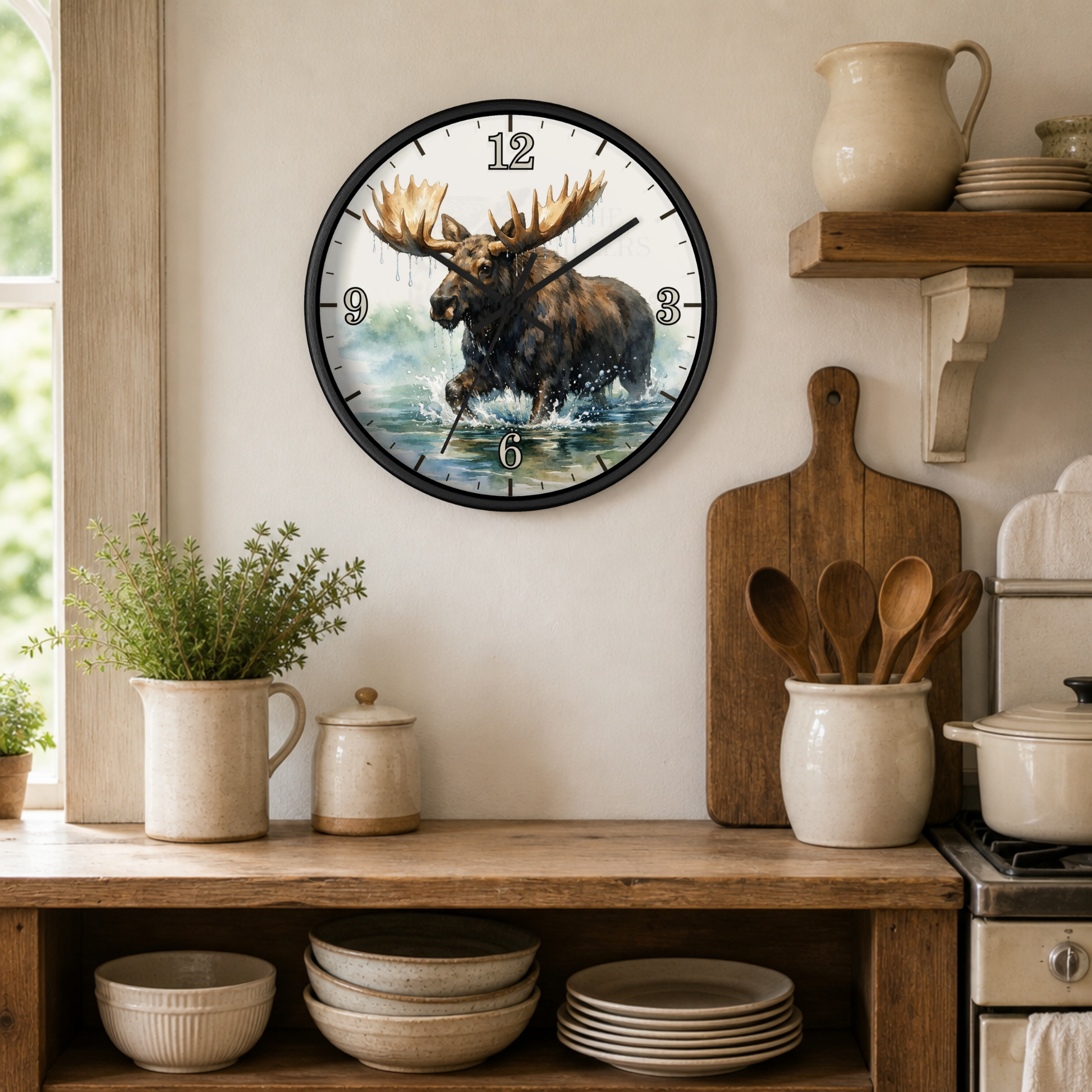 A round wall clock with a black frame hangs on a beige wall in a rustic kitchen setting. The clock face features a detailed illustration of a moose standing in water, with black Arabic numerals and silver hands.