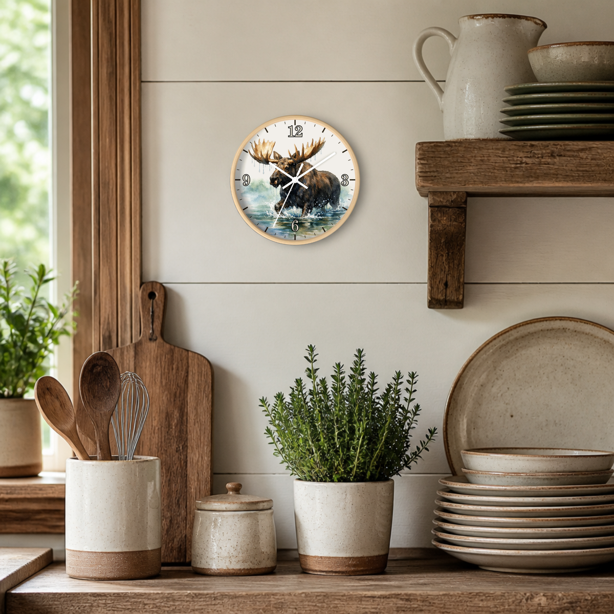 A round wall clock featuring a moose illustration, styled in a rustic kitchen setting with wooden shelves, ceramic dishes, and potted plants.