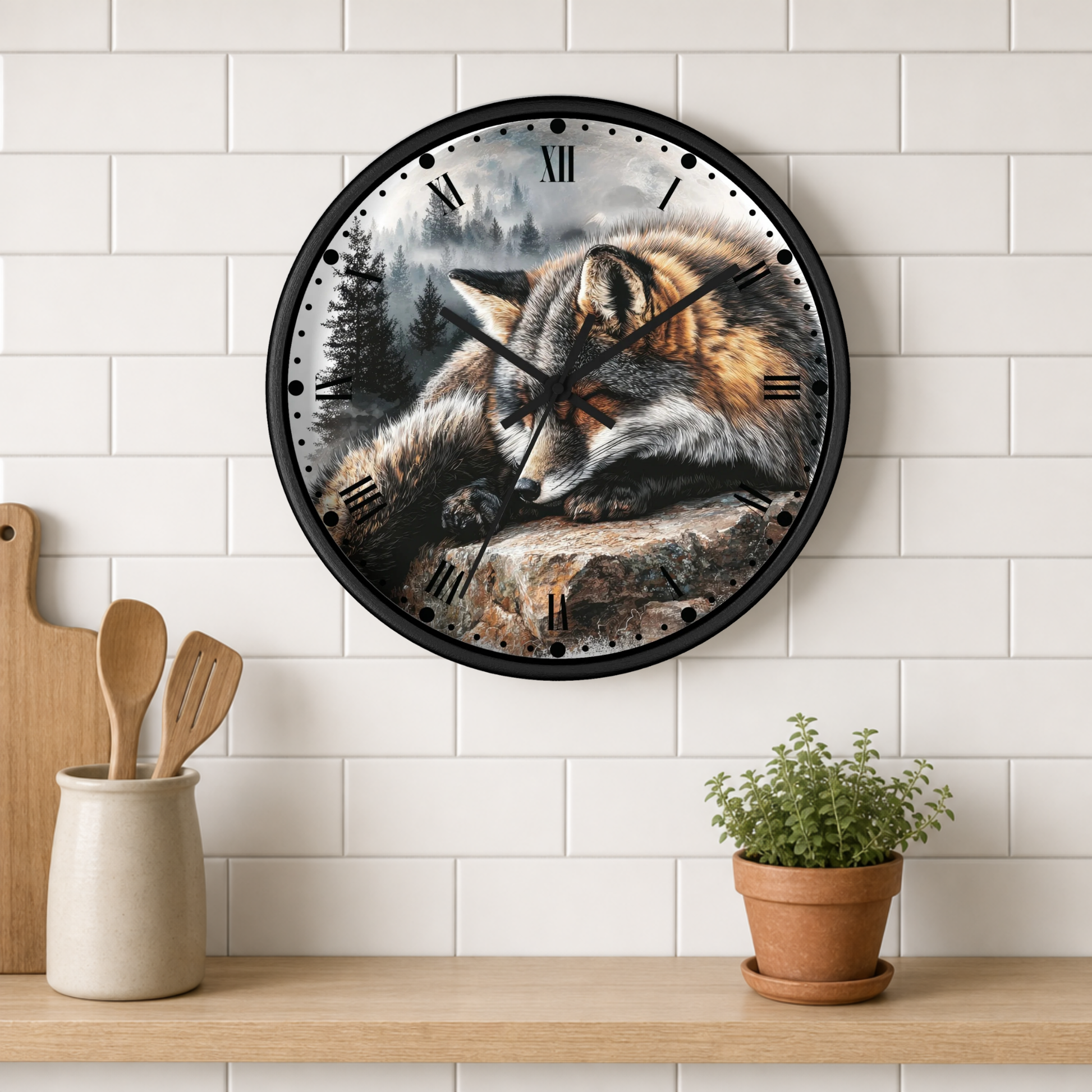 A round wall clock with a black frame and a detailed print of a sleeping fox on the face, mounted on a white subway tile wall above a wooden shelf with kitchen utensils and a potted plant.