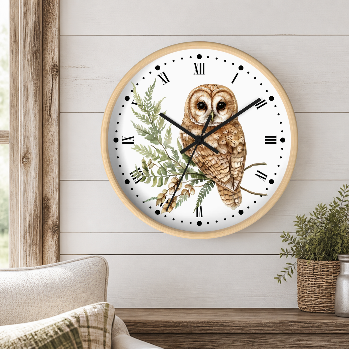 Barn Owl Wall Clock with Roman Numerals — Rustic Woodland Bird Decor
