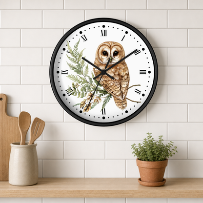 Barn Owl Wall Clock with Roman Numerals — Rustic Woodland Bird Decor