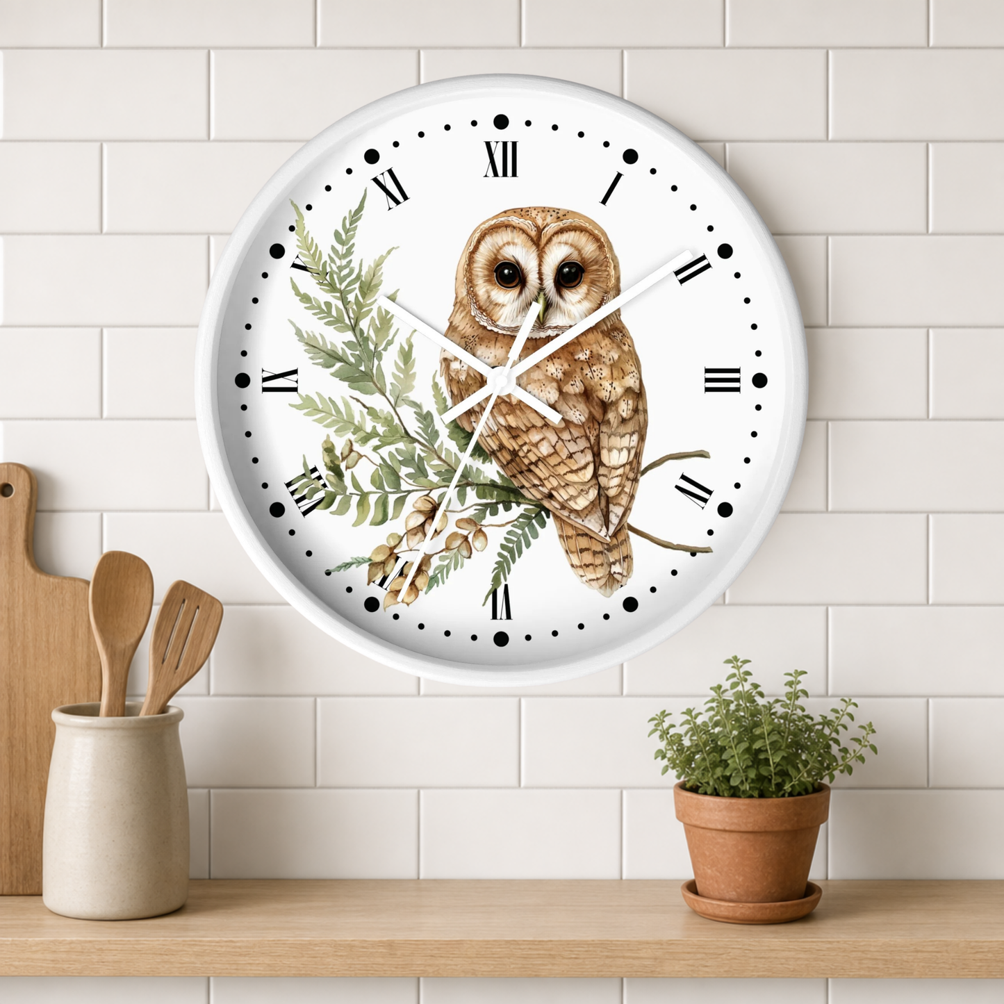 Barn Owl Wall Clock with Roman Numerals — Rustic Woodland Bird Decor