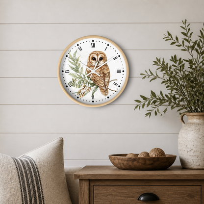 Barn Owl Wall Clock with Roman Numerals — Rustic Woodland Bird Decor