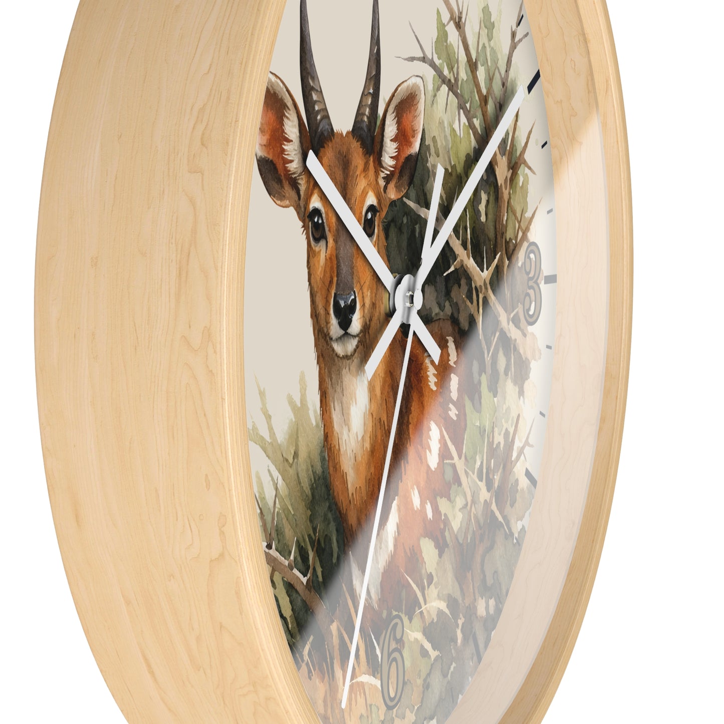 Round wall clock with a light natural wood frame and a printed deer illustration on the face, shown against a plain white background.
