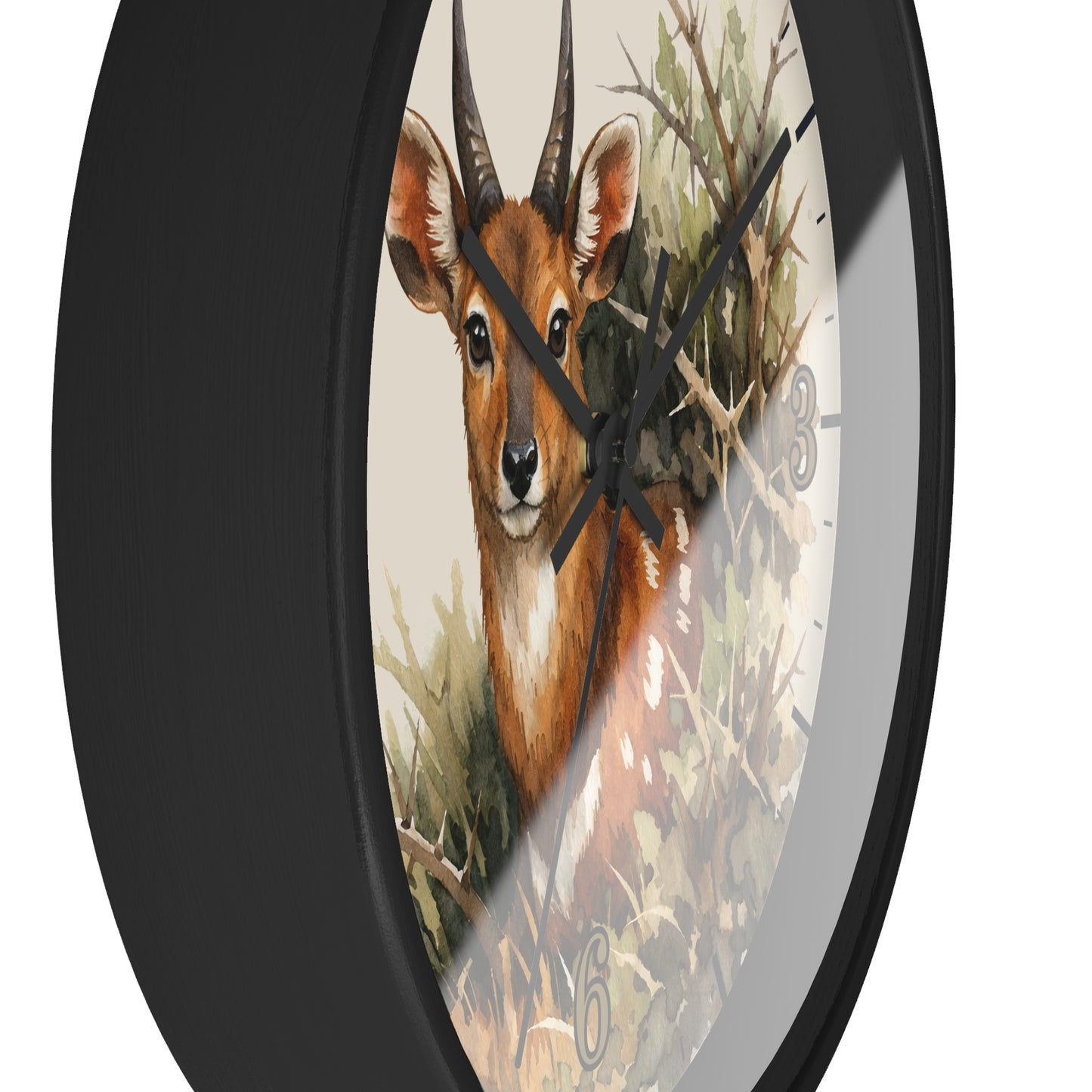 Round wall clock with a black frame and a printed deer illustration on the face, shown against a plain white background.