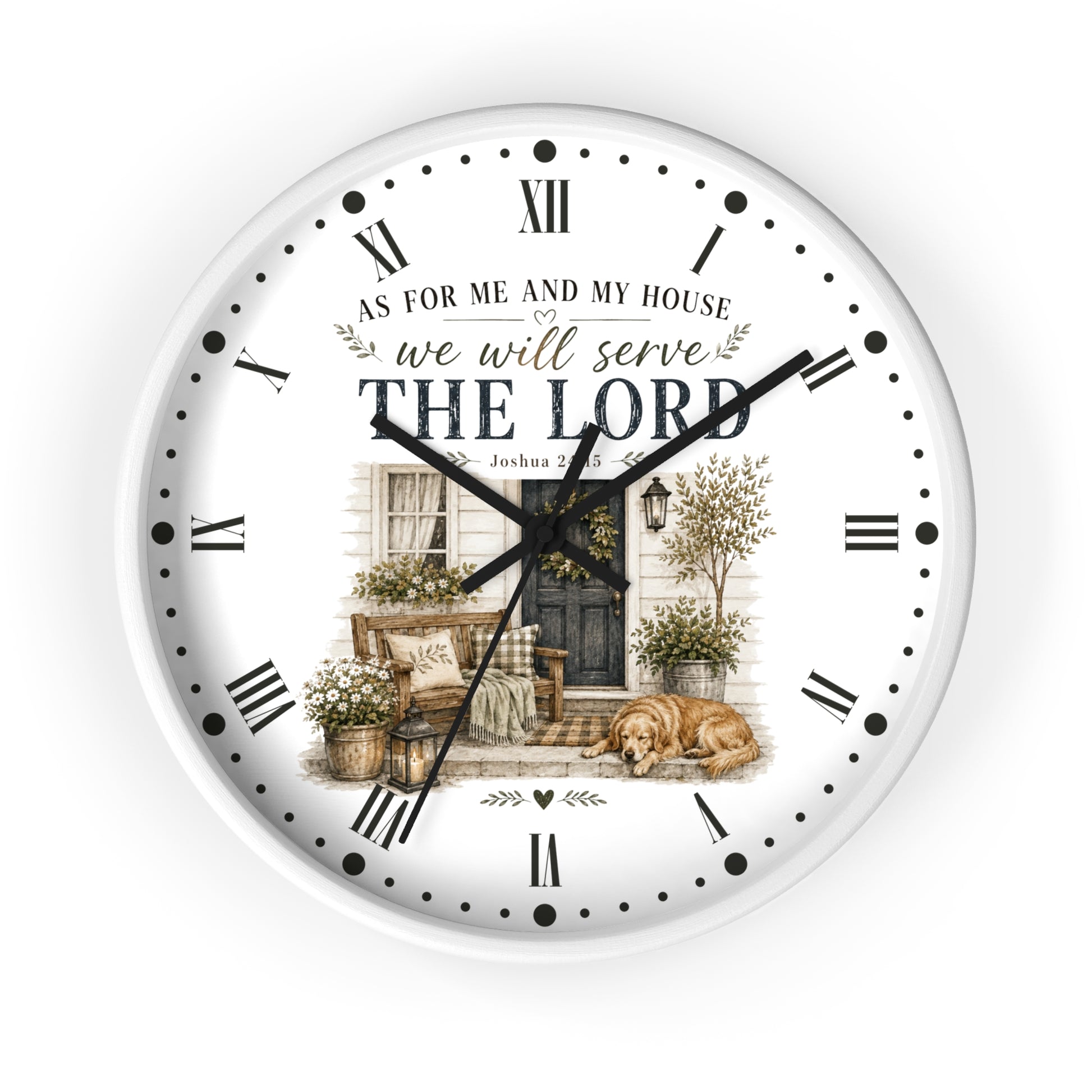 A round wall clock with a white face, black Roman numerals, black hands, and a printed illustration of a porch scene with the text 'AS FOR ME AND MY HOUSE we will serve THE LORD'.