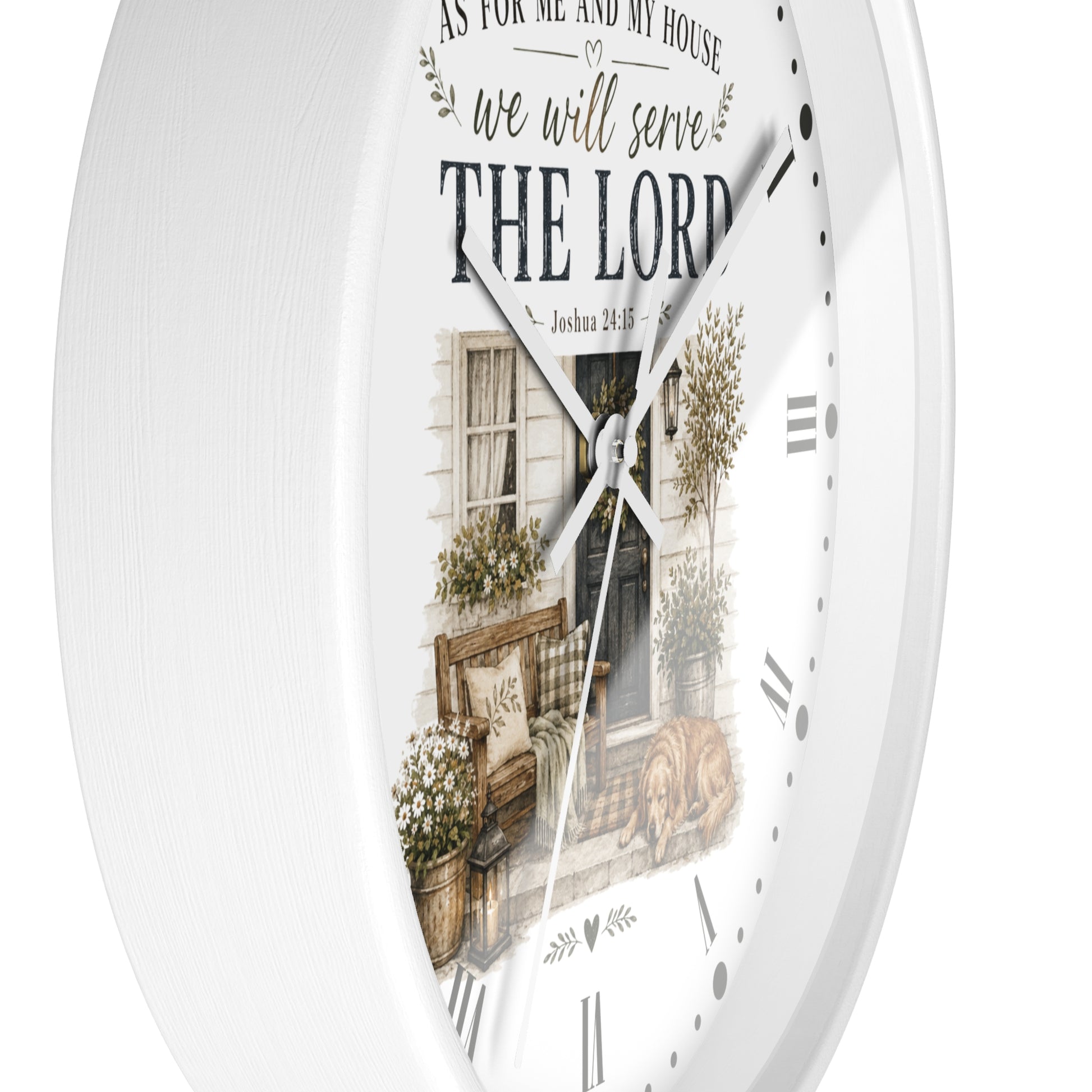 White round wall clock with a rustic printed illustration of a front porch and the text 'AS FOR ME AND MY HOUSE we will serve THE LORD' with Roman numerals and black hands.