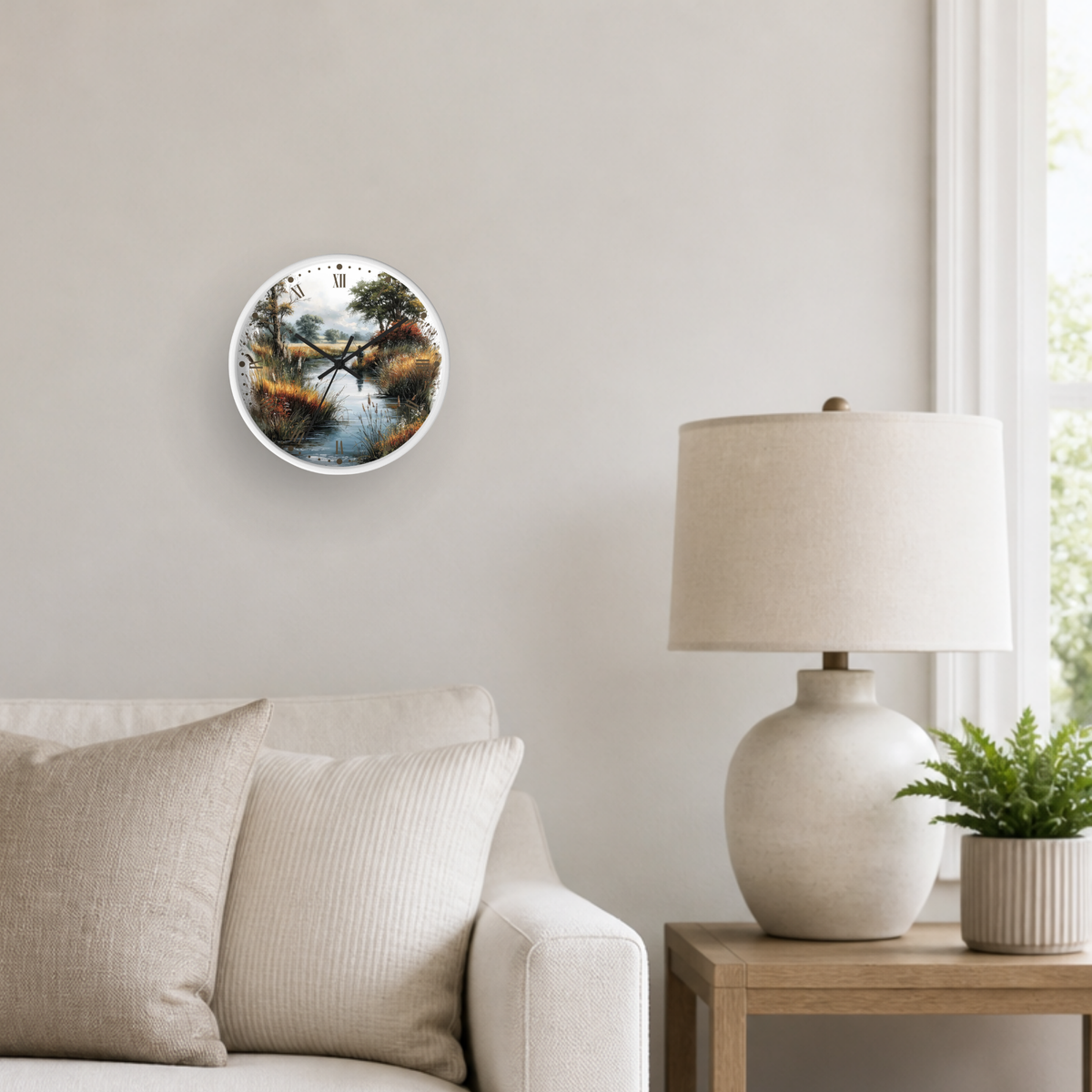 A round wall clock with a scenic landscape print is mounted on a light beige wall in a modern living room setting, next to a white table lamp and a small potted plant.