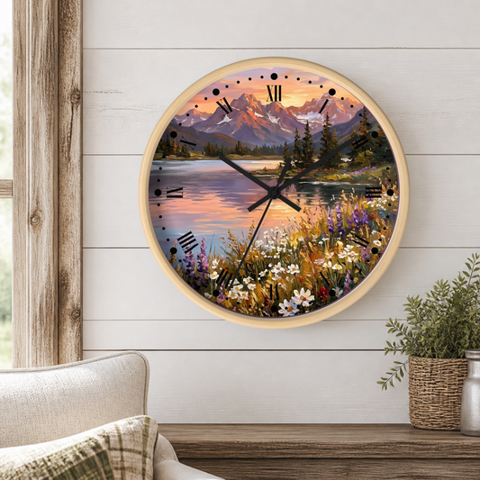 A round wall clock with a light wood frame hangs on a white shiplap wall above a wooden table. The clock face features a scenic landscape painting with mountains, a lake, and wildflowers under a sunset sky.