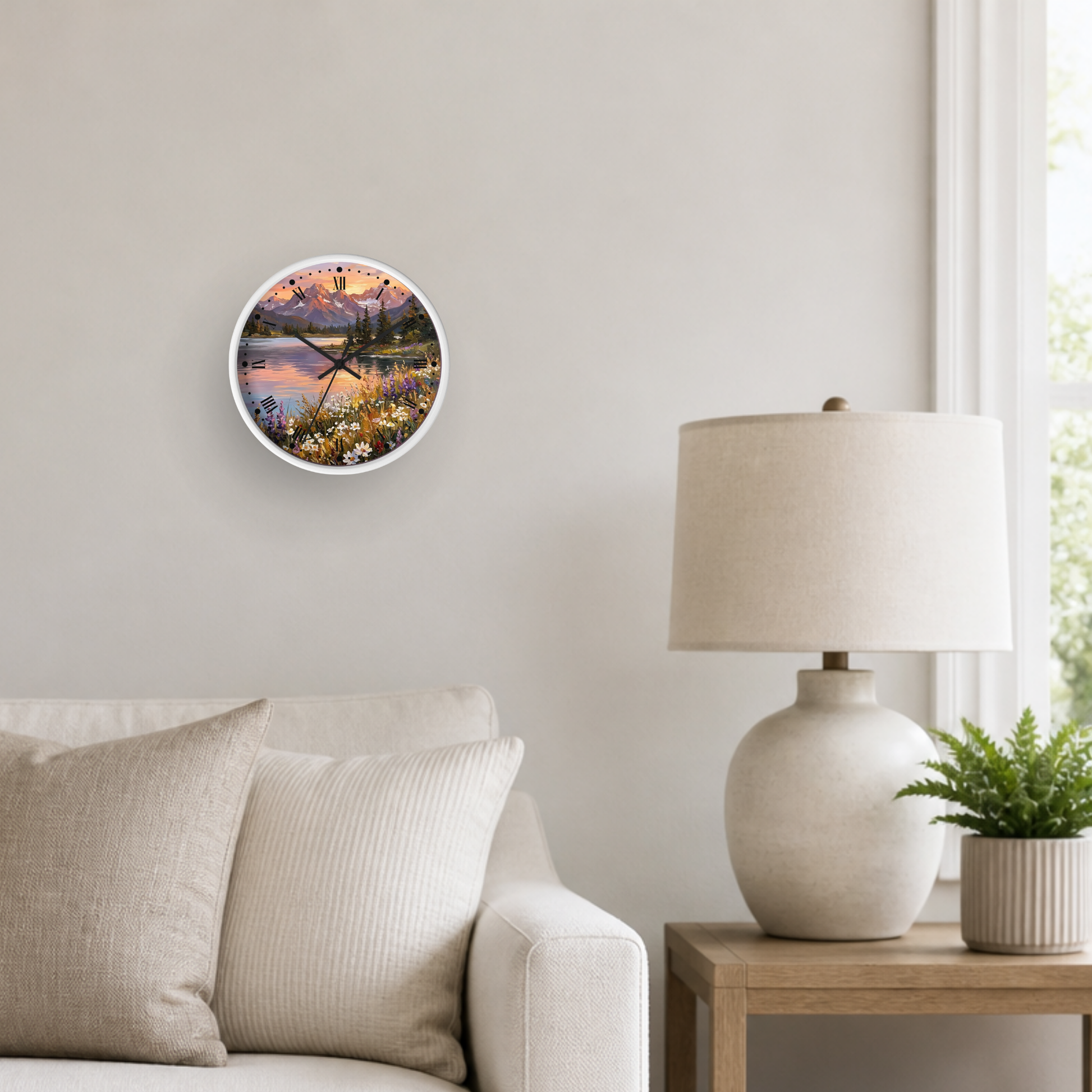 A round wall clock with a forest mountain lake print hangs on a beige wall above a sofa, next to a table lamp and a small potted plant.