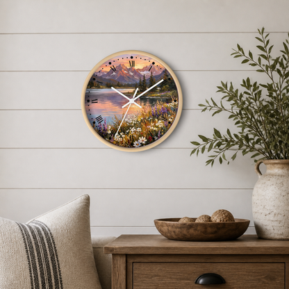 Round wall clock with a scenic mountain lake sunset print, mounted on a white shiplap wall above a wooden side table with a vase and bowl.