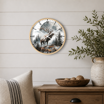 A round wall clock with a light wood frame hangs on a white shiplap wall above a wooden side table. The clock face features a scenic forest illustration with an elk and is styled in a cozy room setting with a vase of greenery and a striped pillow.