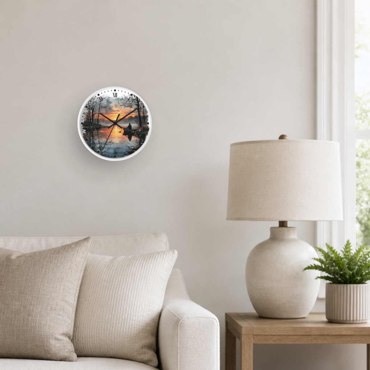 A round wall clock with a scenic sunset print is mounted on a light beige wall in a modern living room setting, next to a white table lamp and a small potted plant.