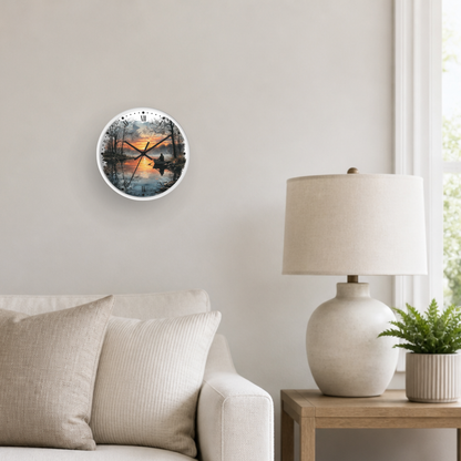 A round wall clock with a scenic sunset print is mounted on a light beige wall in a modern living room setting, next to a white table lamp and a small potted plant.