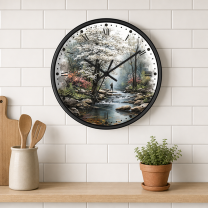 A round wall clock with a black frame and a scenic print of a forest stream, mounted on a white subway tile wall above a wooden shelf with kitchen utensils and a potted plant.