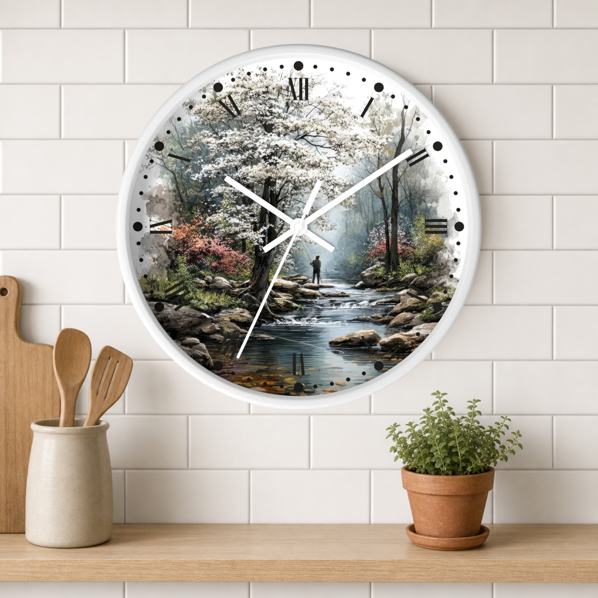 Scenic Fishing Riverwalk Wall Clock — Tranquil Forest Stream Decor