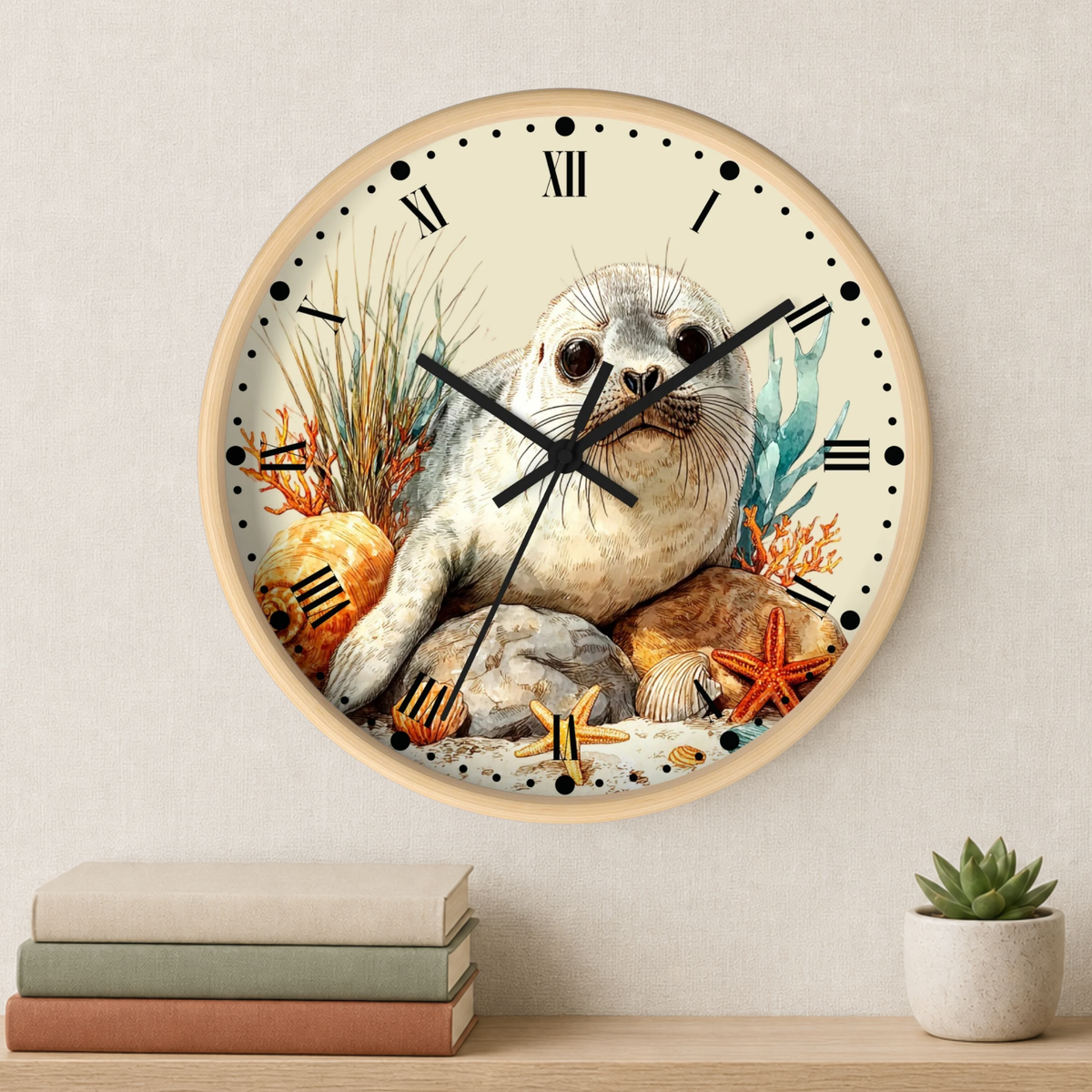 A round wall clock with a light wood frame and a detailed illustration of a seal pup on the face, styled on a beige wall above a shelf with books and a small succulent plant.