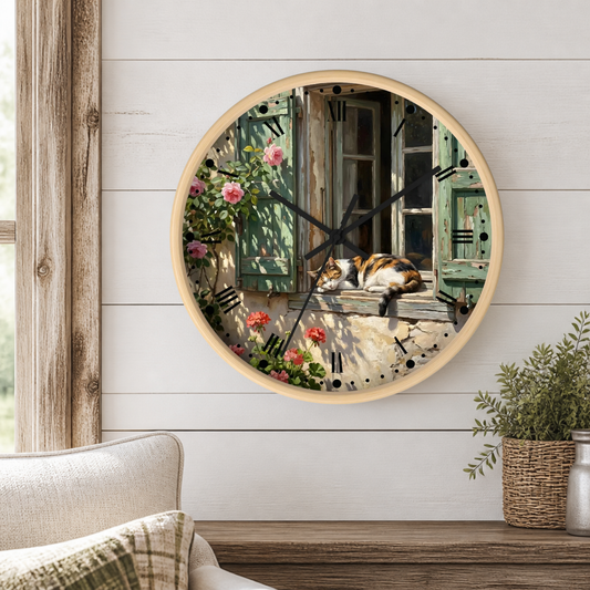 Round wall clock with a light wood frame, featuring a printed design of a cat sleeping on a windowsill with green shutters and pink flowers. The clock is mounted on a white shiplap wall above a wooden mantel with a potted plant.