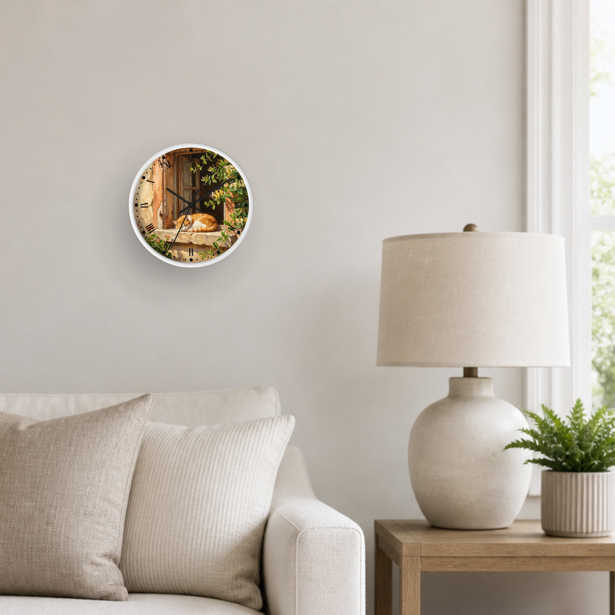 A round wall art print with a white frame hanging on a light gray wall above a beige sofa. The print depicts a warm outdoor scene with a dog sitting by a wooden door surrounded by greenery.