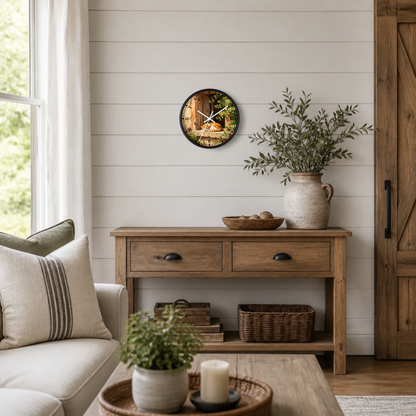 A round wall clock with a colorful nature print and white clock hands, hanging on a white shiplap wall above a rustic wooden console table in a bright, modern farmhouse living room.
