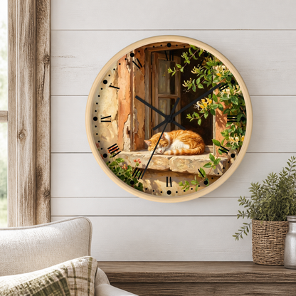 Round wall clock with a light wood frame, featuring a printed design of an orange cat sleeping by a rustic window with green foliage. The clock is mounted on a white wood-paneled wall above a wooden shelf with a potted plant.