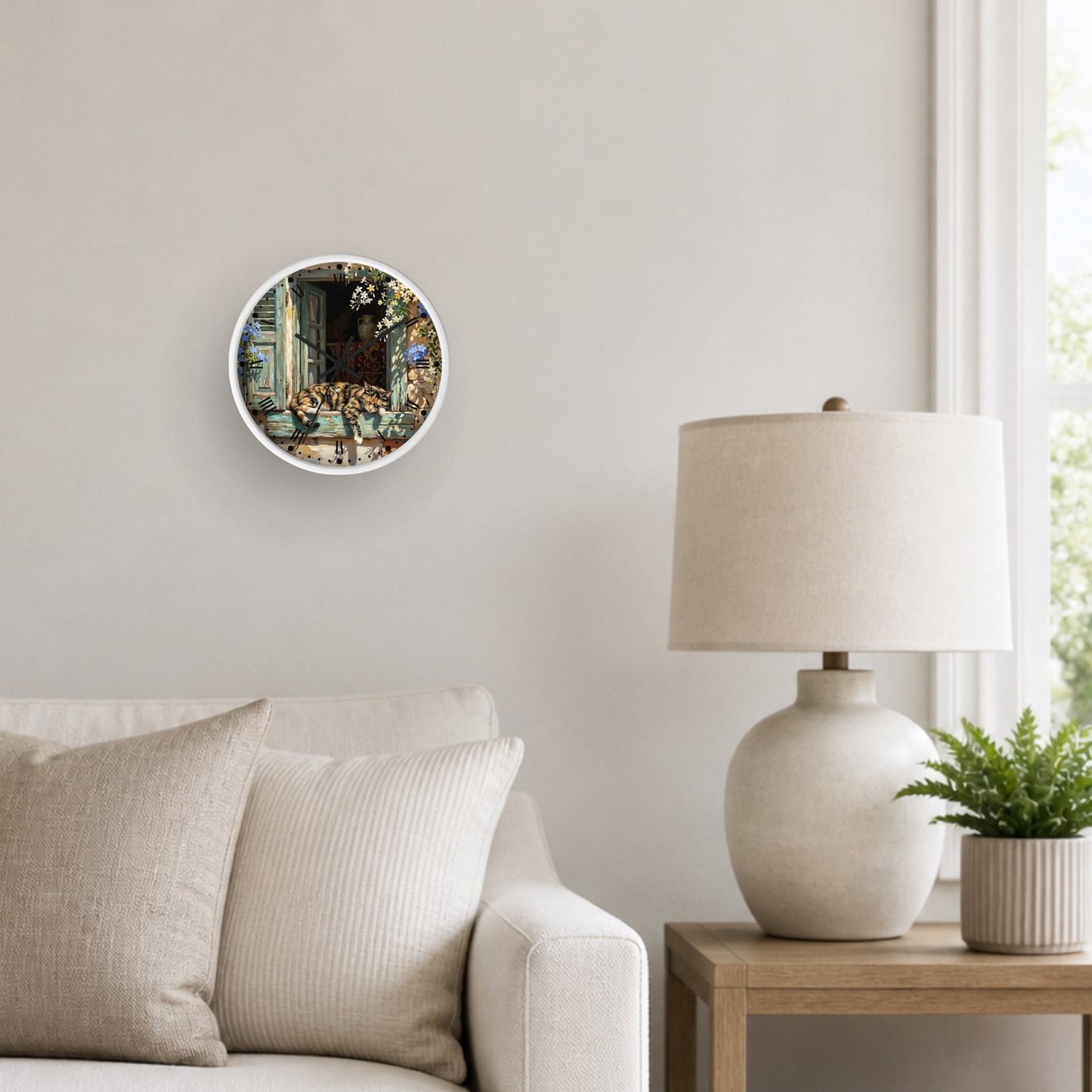 A round wall clock with a white frame and a colorful printed design of a torte cat sleeping in a window, mounted on a light beige wall in a modern living room setting next to a lamp and sofa.