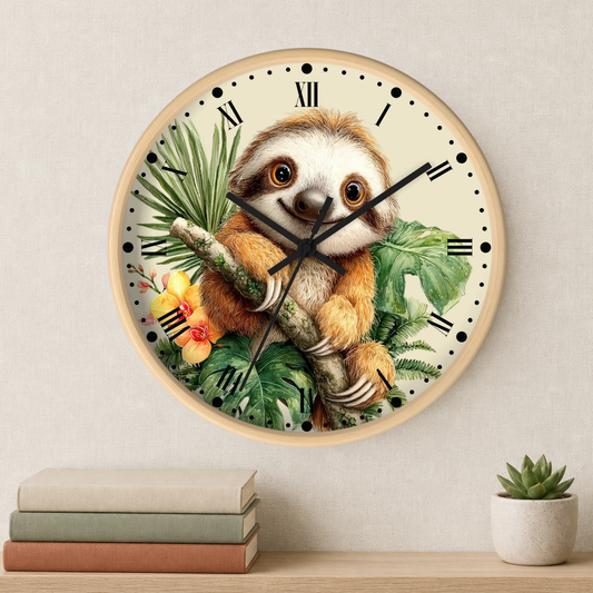 A round wall clock with a sloth illustration, mounted on a light beige wall above a shelf with books and a small potted succulent.