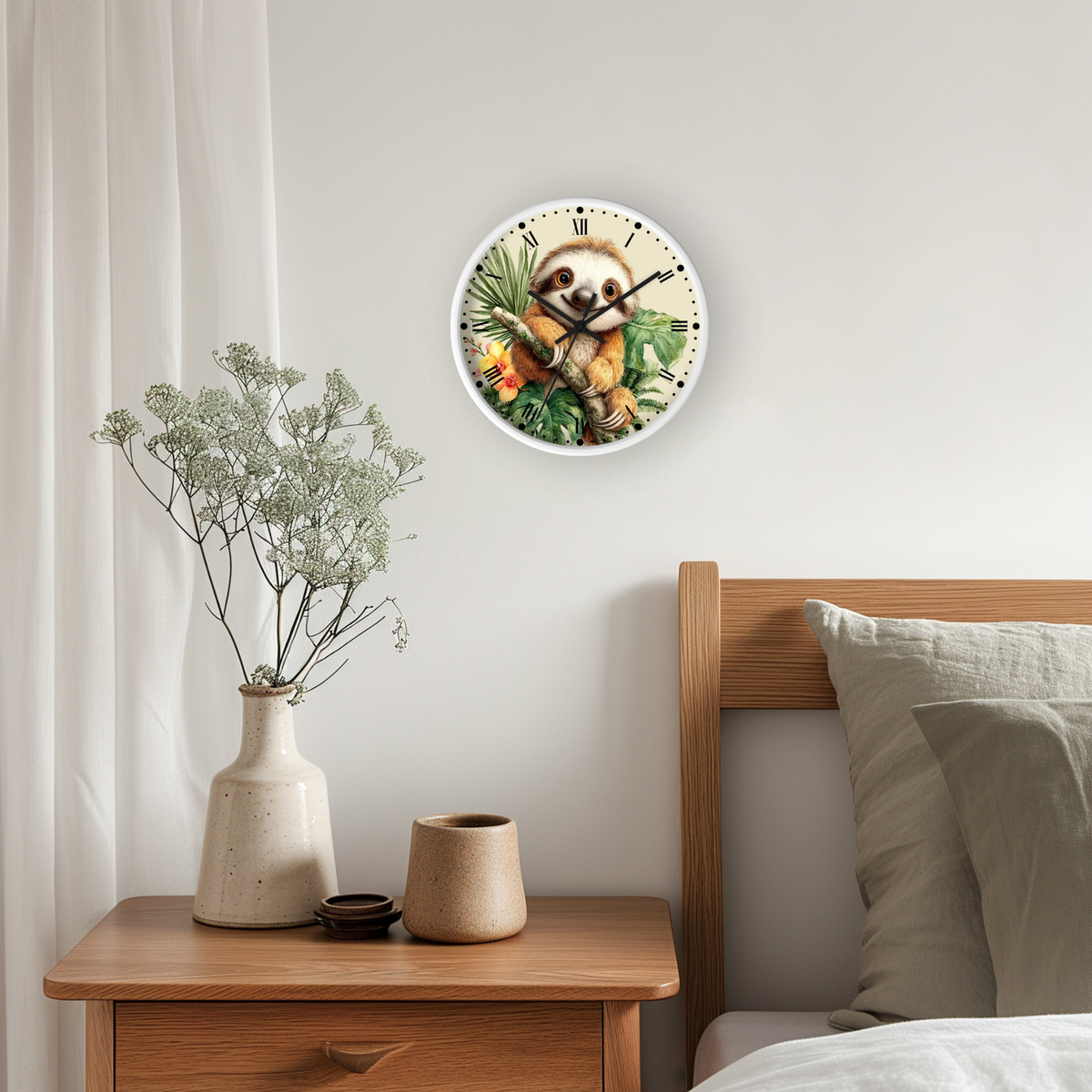 A round wall clock featuring a sloth illustration, mounted on a light gray bedroom wall above a wooden nightstand with a vase and bed headboard.