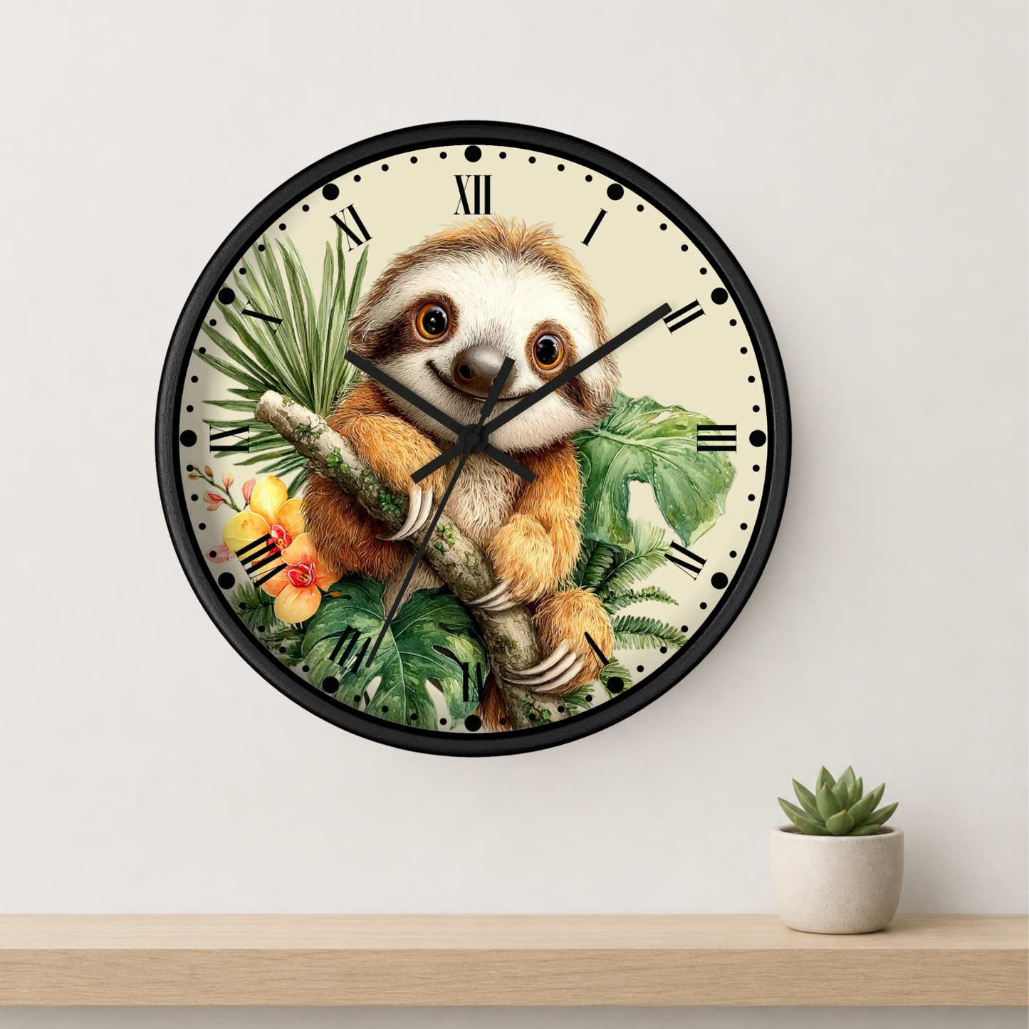 A round wall clock with a black frame and a printed illustration of a sloth among tropical leaves and flowers on a cream face. The clock is mounted on a light wall above a wooden shelf with a small potted succulent.