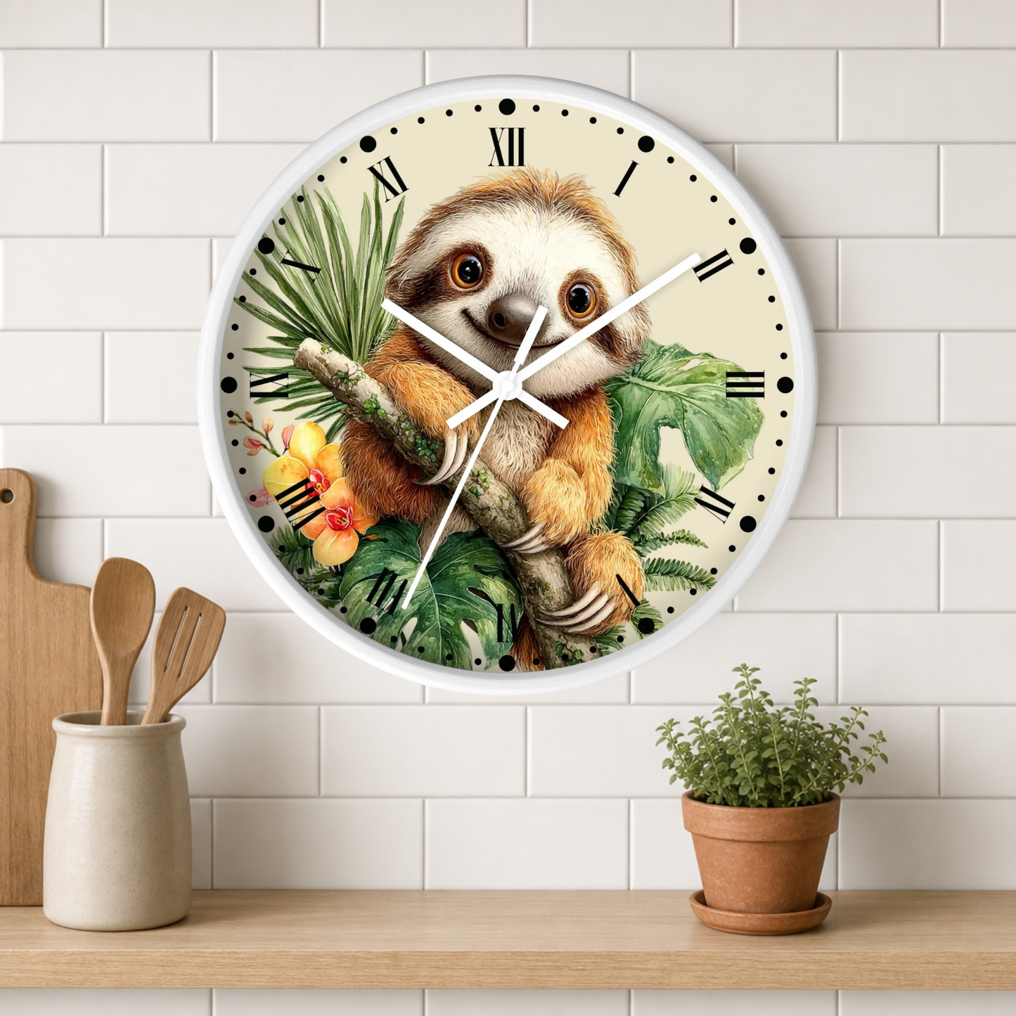 A round wall clock featuring a sloth illustration with tropical leaves and a yellow flower, mounted on a white tiled wall above a wooden shelf with kitchen utensils and a potted plant.