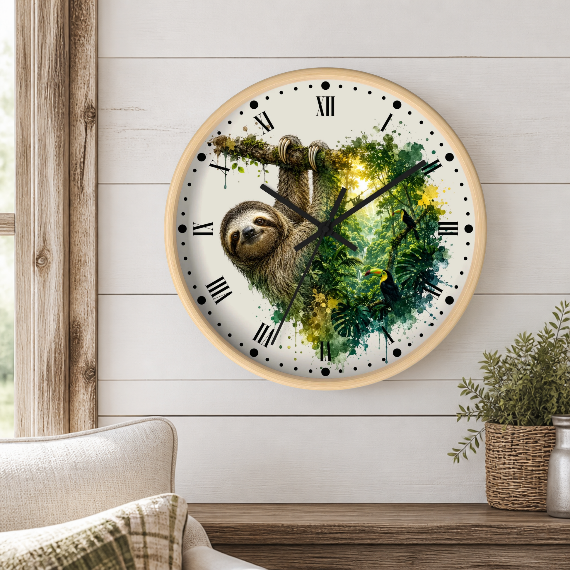 A round wall clock with a light wood frame hangs on a white shiplap wall above a wooden table. The clock face features a sloth illustration over a green and yellow jungle watercolor design, with black Roman numerals and hands.