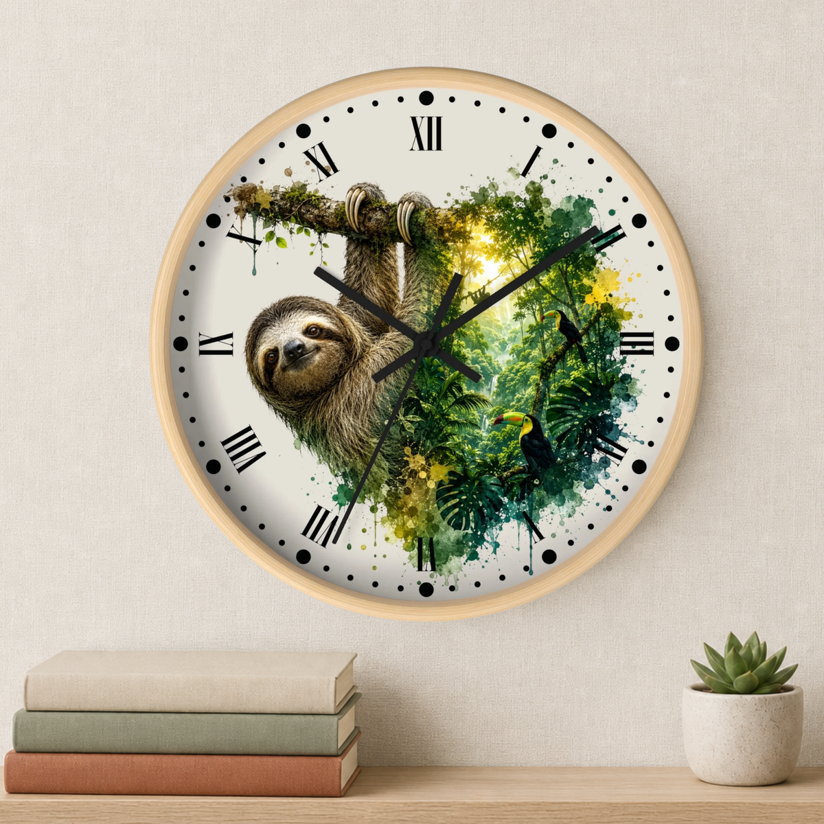 A round wall clock with a light wood frame hangs on a beige wall above a shelf with stacked books and a small potted succulent. The clock face features a watercolor-style sloth and tropical jungle scene in green, yellow, and brown tones, with black Roman numerals and hands.