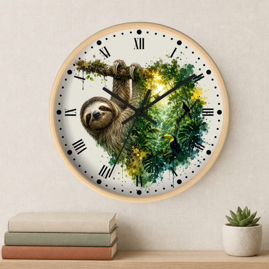 A round wall clock with a light wood frame hangs on a beige wall above a shelf with stacked books and a small potted succulent. The clock face features a watercolor-style sloth and tropical jungle scene in green, yellow, and brown tones, with black Roman numerals and hands.