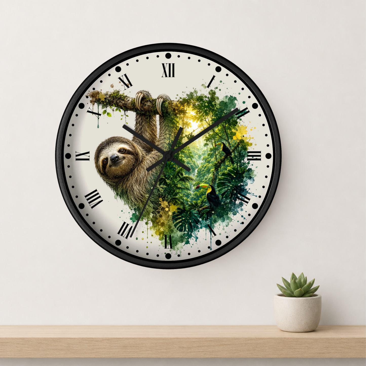 A round wall clock with a black frame and a white face featuring a sloth illustration and green watercolor foliage. The clock is mounted on a light wall above a wooden shelf with a small potted succulent.