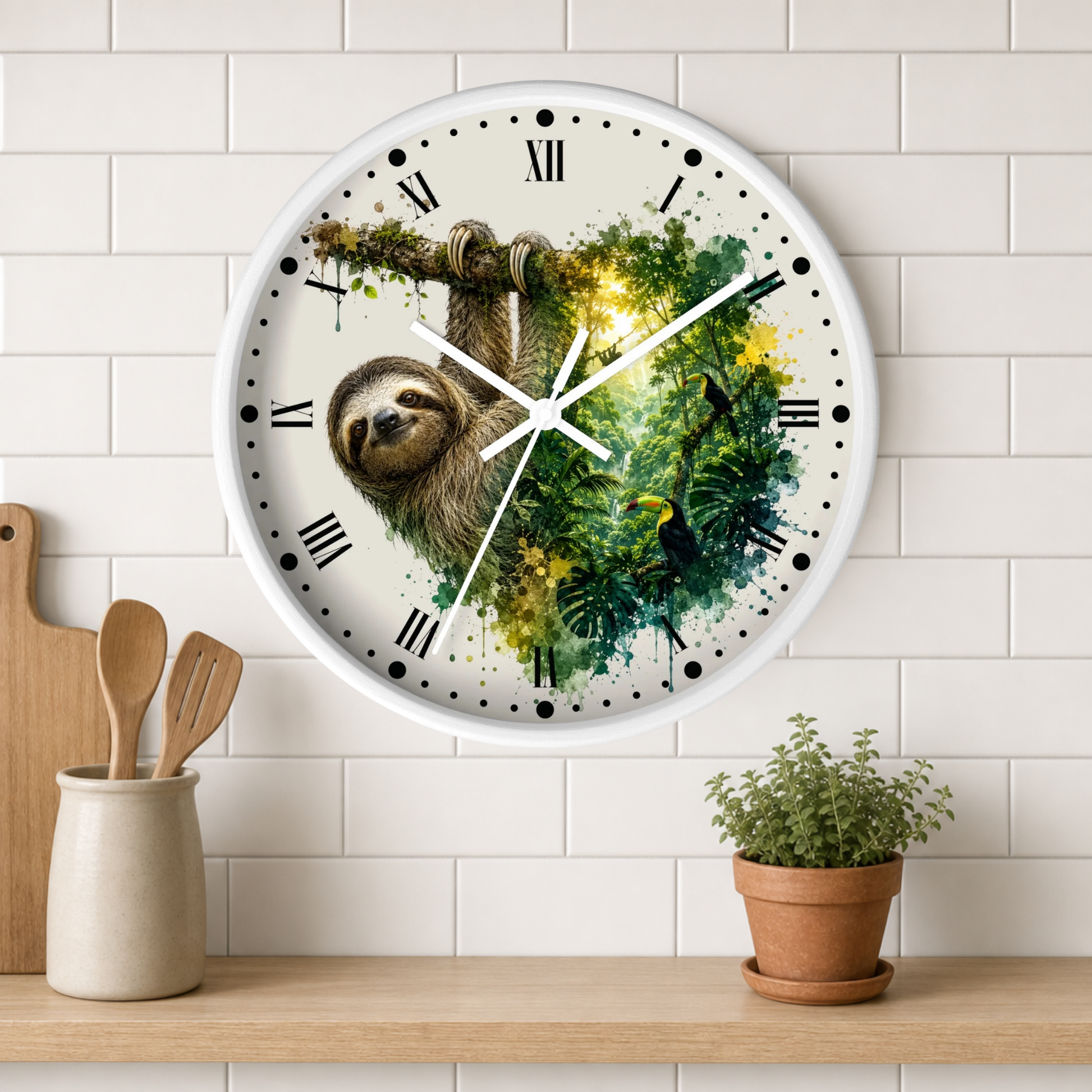 A round wall clock with a white frame and Roman numerals, featuring a sloth and tropical jungle illustration on the face. The clock is mounted on a white subway tile wall above a wooden shelf with a small potted plant and wooden utensils.