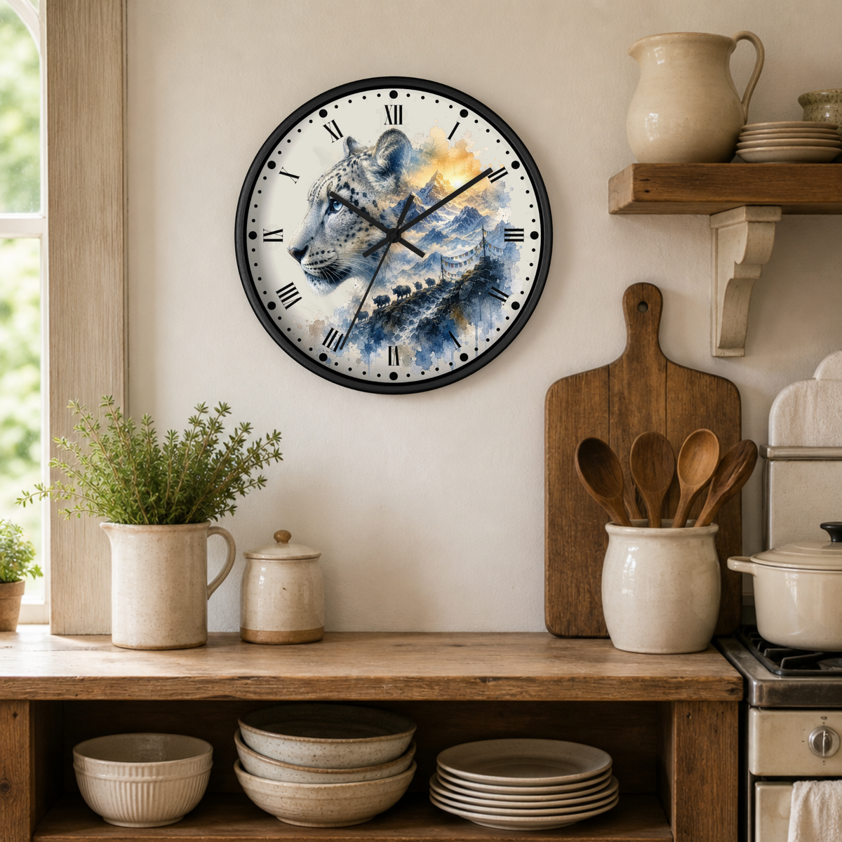 A round wall clock with a black frame and a watercolor-style leopard illustration on the face, mounted on a beige wall in a rustic kitchen setting with wooden shelves, ceramic dishes, and plants.