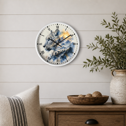 A round wall clock with a painted snow leopard design in blue, white, and gold tones, mounted on a light beige shiplap wall above a wooden side table with a plant and decorative bowl.