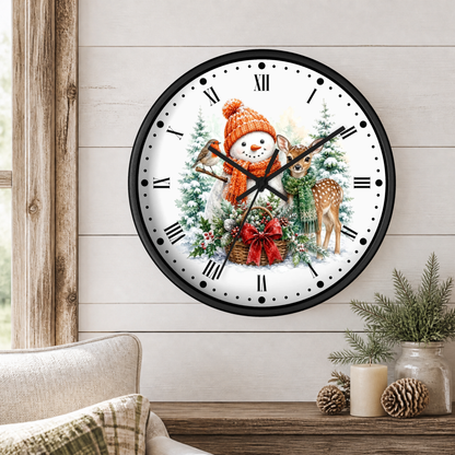 Snowman & Fawn Holiday Wall Clock — Festive Winter Deer Decor