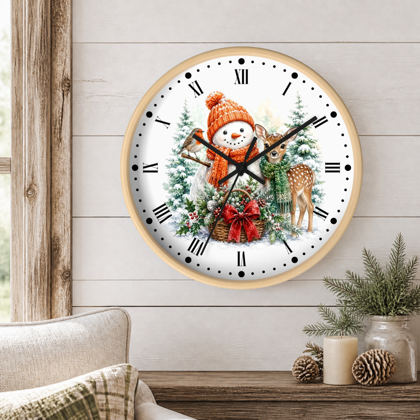Snowman & Fawn Holiday Wall Clock — Festive Winter Deer Decor