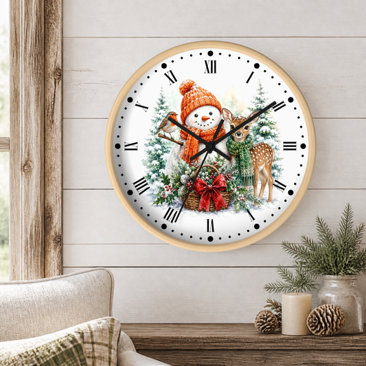 Snowman & Fawn Holiday Wall Clock — Festive Winter Deer Decor