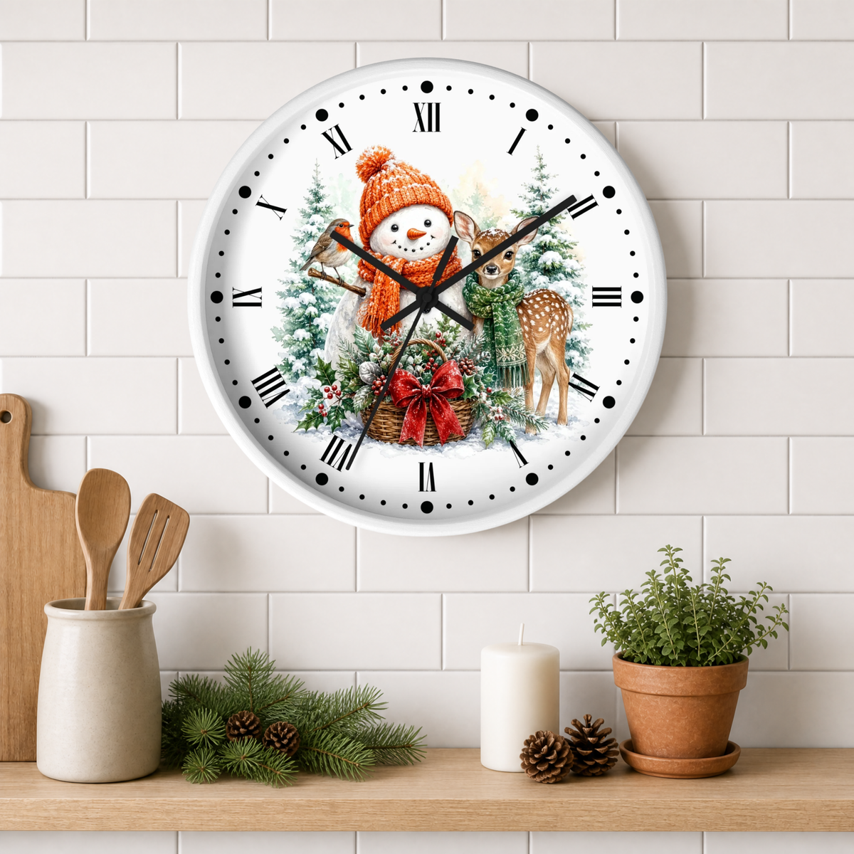 Snowman & Fawn Holiday Wall Clock — Festive Winter Deer Decor