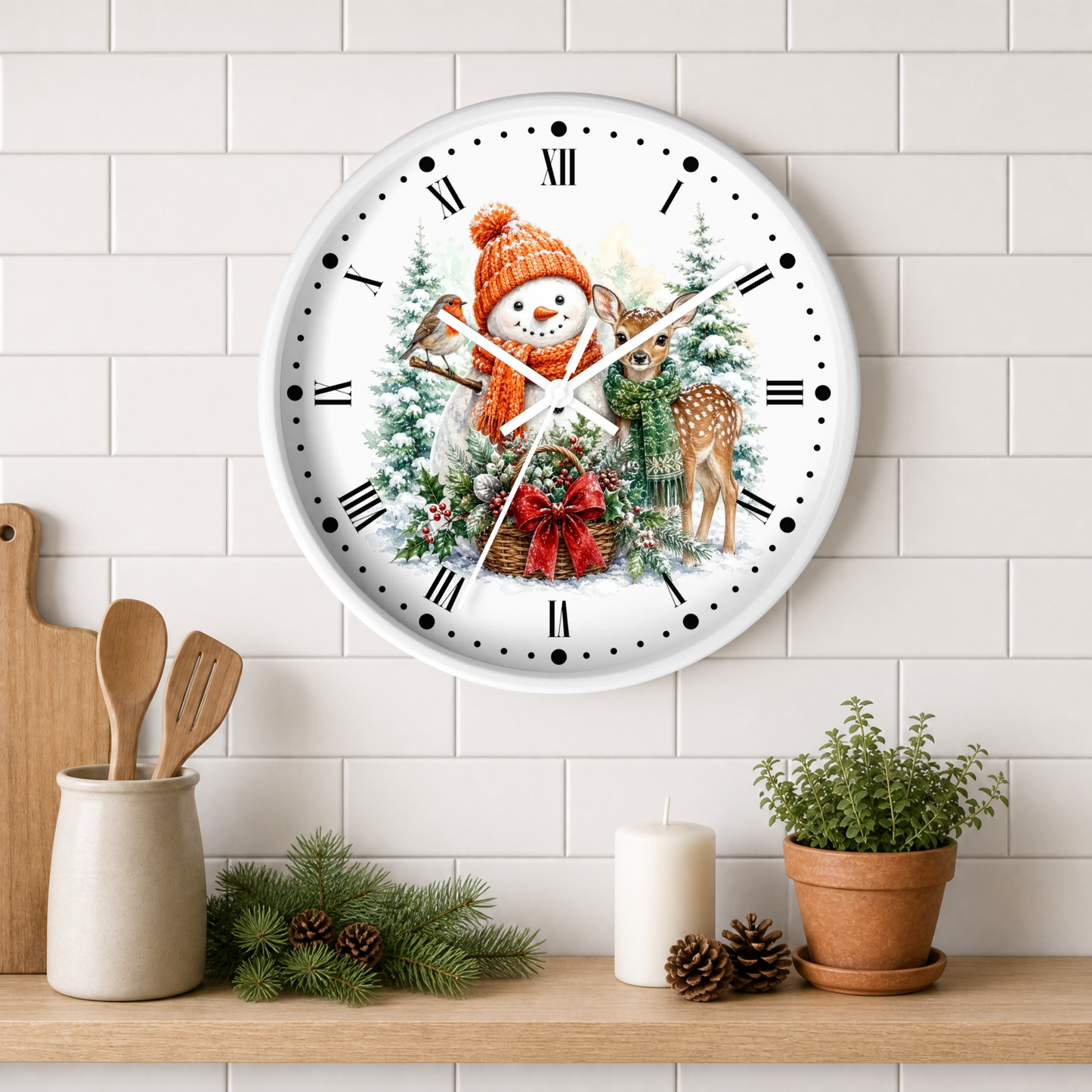 Snowman & Fawn Holiday Wall Clock — Festive Winter Deer Decor