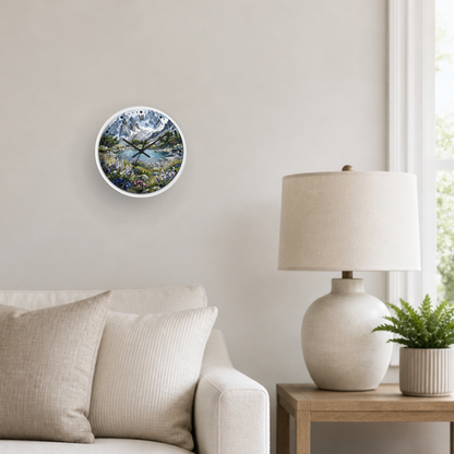 A round wall clock with a scenic mountain lake print hangs on a beige wall above a light-colored sofa. A white table lamp and a small potted plant sit on a wooden side table next to a window.